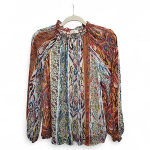 Chenaults M Boho Peasant Vibrant Paisley Geometric Mixed Print  Ruffled Neck Top